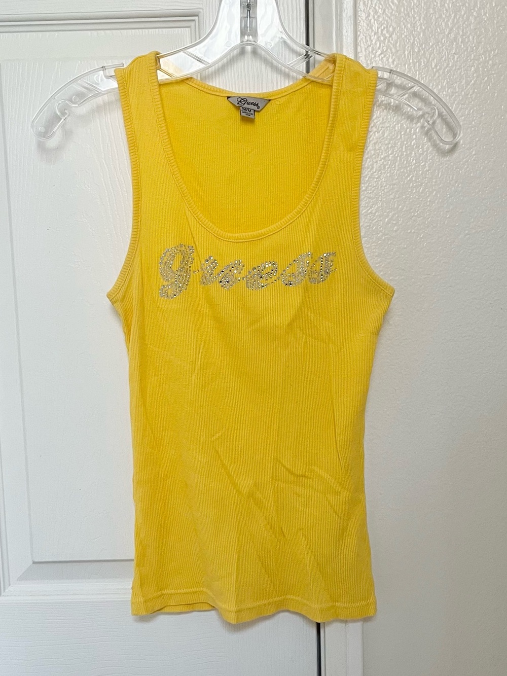 Vintage Guess Women's Yellow Rhinestone Script Tank